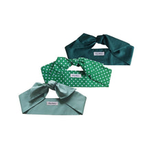 Load image into Gallery viewer, A set of three green colored hair scarves, with one solid green, one with a green and white polka dot pattern, and one in a light shade of green, all displayed on a white background.