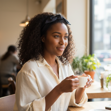 Load image into Gallery viewer, Woman holding a steaming cup of coffee in a cafe setting wearing a black cotton self-tie hair scarf