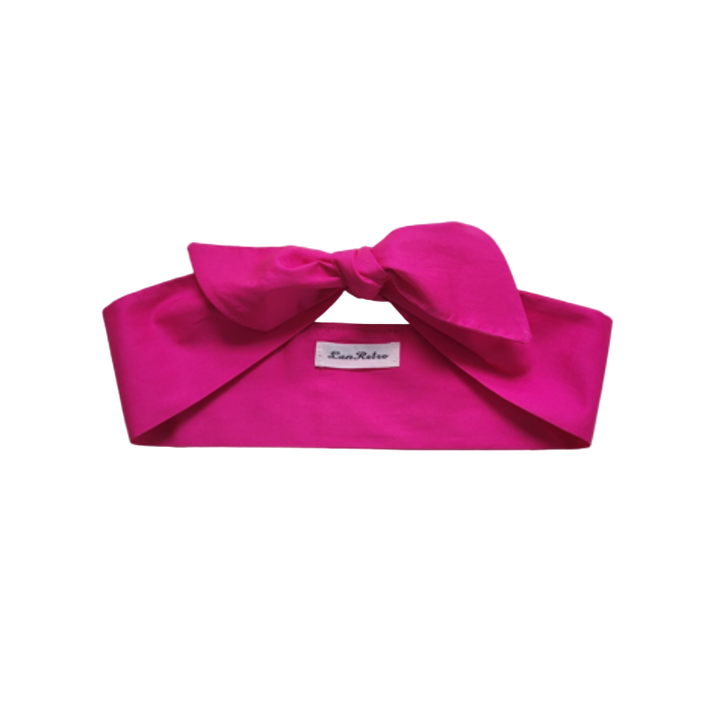 A hot pink cotton hair scarf displayed on a white background, with the brand label 'LanRetro' visible on the fabric.