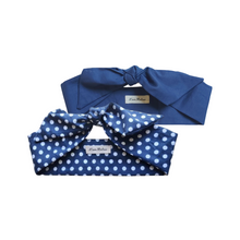 Load image into Gallery viewer, Two navy blue hair scarves, one solid color and one with white polka dots, displayed on a white background.