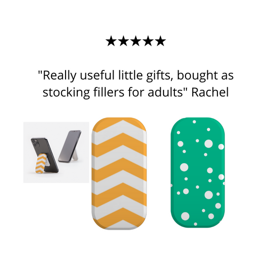 A rcustomer review featuring a photo of two clickit phone grips. One has yellow and white zigzag pattern while the other has a jade green and white dotty print.