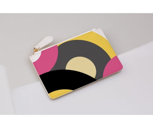 pink retro records print coin purse on a light grey background